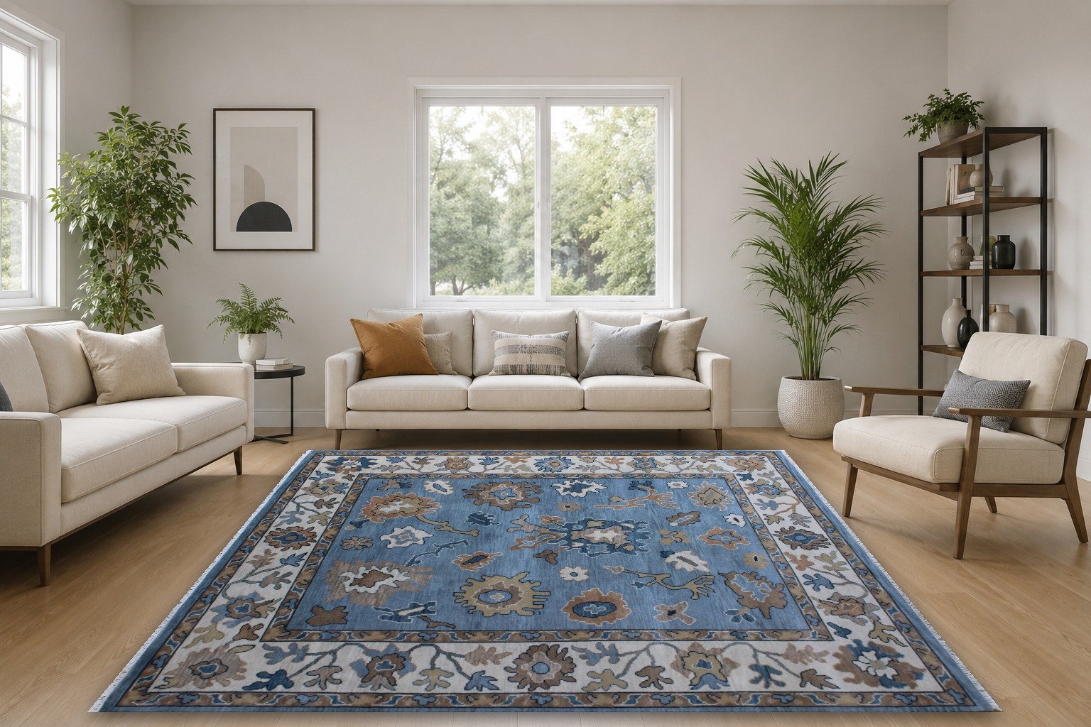Detail view 2 of Oushak Blue and Ivory Transitional Rug 8ft x 10ft
